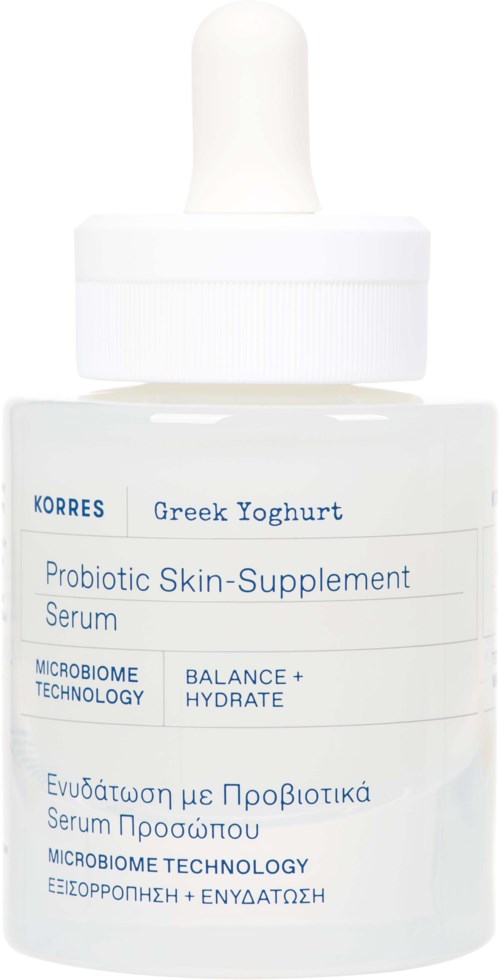 Een witte fles met pipetdop, gelabeld als probiotic huidsupplement serum voor gezicht en hydratatie.