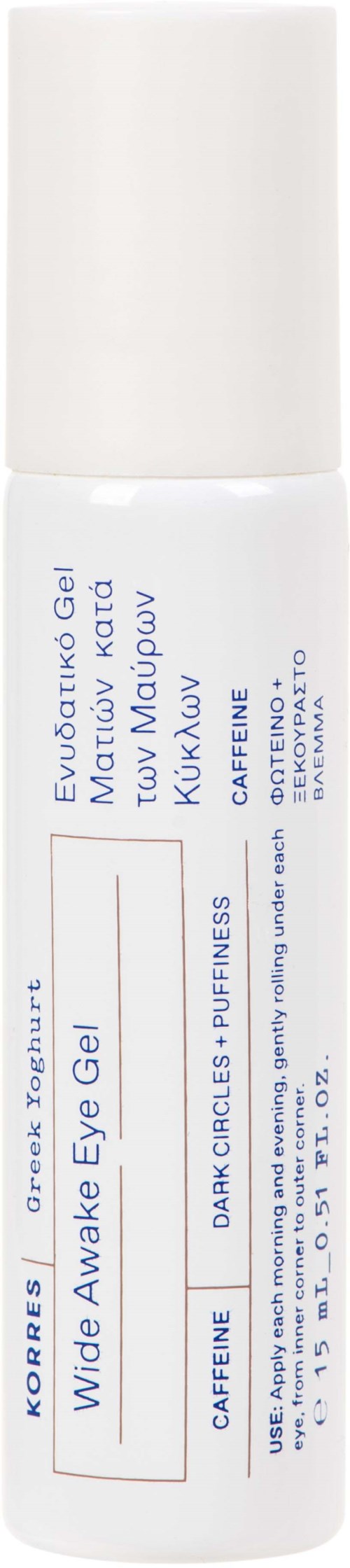 Een witte flesje ooggel met blauwe tekst, bevat het product 'Wide Awake Eye Gel' van Korres.