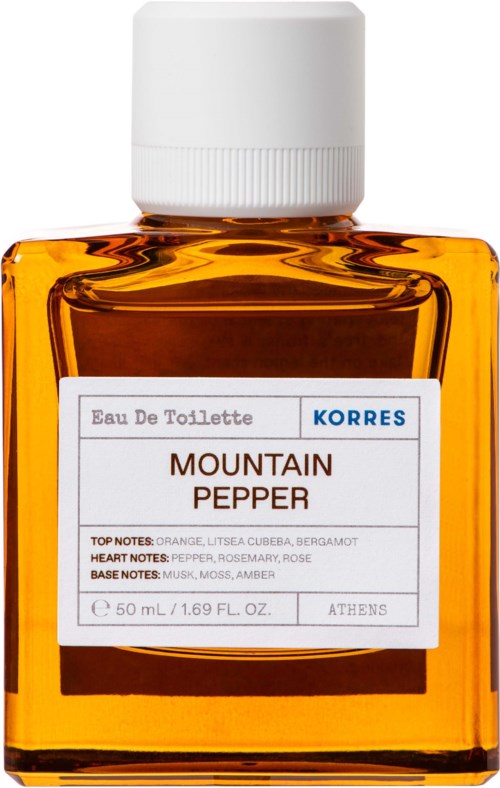 Small orange perfume bottle labeled 'Mountain Pepper' with a white cap.