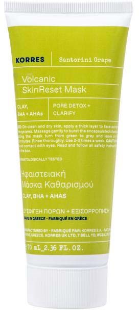 Groene tube met vulkanisch huidmasker met tekst over detox, klei en druiven, maat 2,36 fl oz.