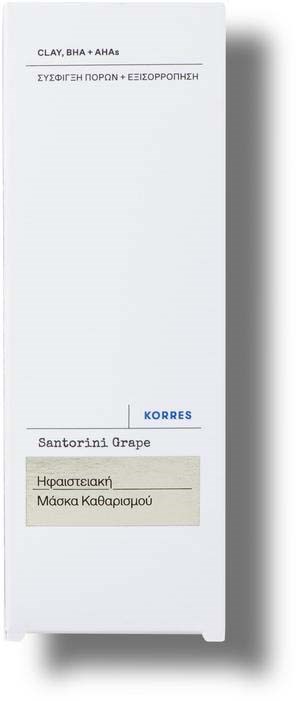 Doos met tekst over klei en correctie, bevat de geur 'Santorini Grape' en de naam 'Martha Katherin.'