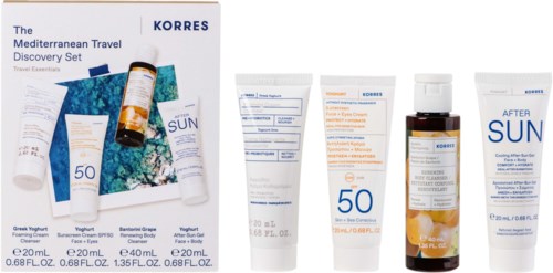 De Korres Mediterranean Travel Discovery Set bevat zonnebrandcrème, after sun lotion en huidverzorgingsproducten in kleine tubes en flessen.