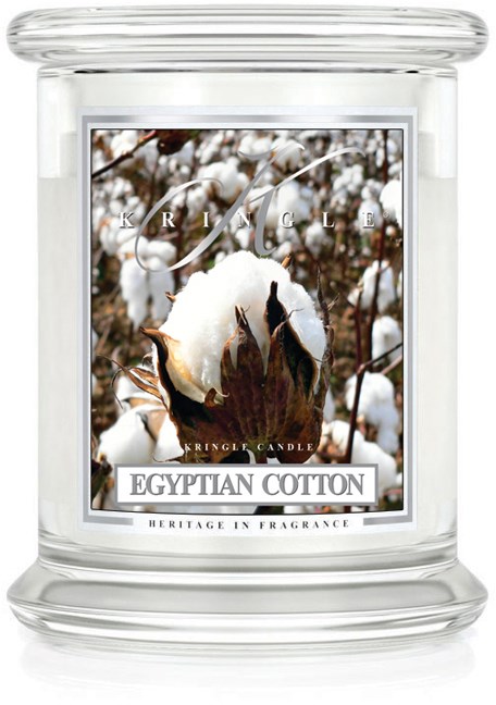 Ett tydligt glasljus med en bomullsbild och etikett 'Egyptian Cotton' och 'Heritage in Fragrance'.