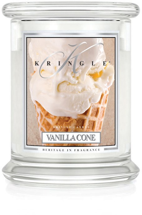 En vaniljglass-korv visas på en tydlig ljuslykt. Etiketten säger "Kringle Candle", "Vanilla Cone".