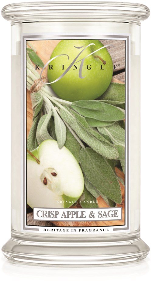 Ett doftljus med etikett som visar ett grönt äpple, salvia blad och orden 'Crisp Apple & Sage'.