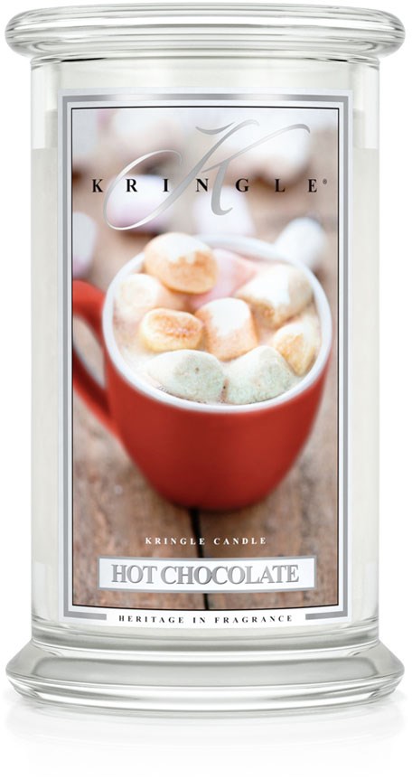Ett doftljus i glasbehållare, märkt 'Hot Chocolate,' med marshmallows ovanpå och ångande effekt.