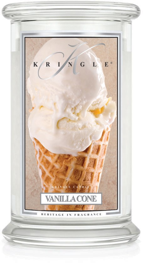 En vaniljglass i ett kexstrut, i en glasburk märkt 'Krispy Kreme Vanillacone.'