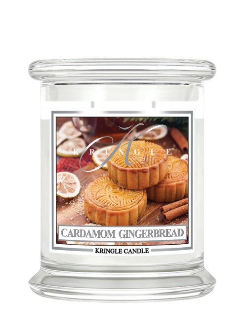 Eldfad med etikett som visar pepparkakor, kanelstavar och citronskivor inuti.