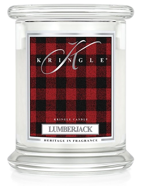 Klart glasljus med label i rött och svart rutmönster, kallad Lumberjack, med vit text och elegant stil.