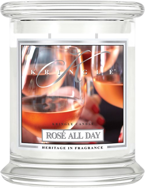 Ett ljus märkt 'Rosé All Day' med en vinglasbild på omslaget, i en klar glasburk.