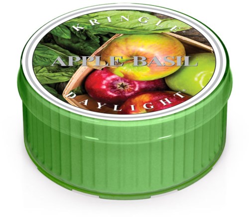 En grønn rund boks med etikett som viser epler, basilikum og ordene "Apple Basil Daylight".