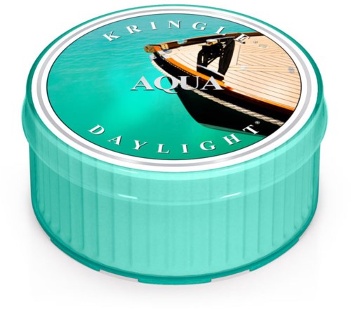 En rund tealbehållare med en skeppsillustration på locket och orden "Kringl Aqua Daylight."