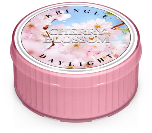 Rosa behållare med körsbärsblomma och text, nämner 'KRINGLE' och 'DAYLIGHT'.