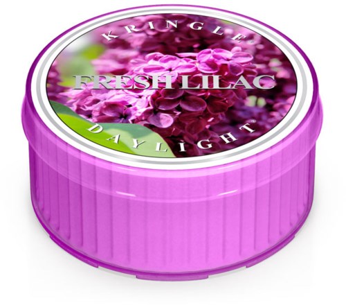Lila rund behållare med blommönster och orden 'Kringl' och 'Daylight' på locket.