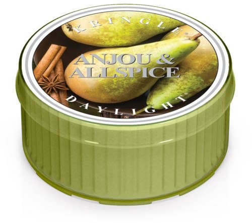 Grön rund burk med päron och kanel på locket, märkt "Anjou & Allspice."