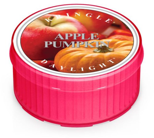 En rosa beholder med lokk som viser epler og gresskar, merket "Apple Pumpkin."