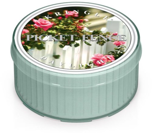 En rund mintgrön behållare med ett blomsterdesignlock med rosa rosor och texten "PICKET FENCE."