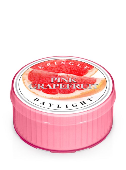 Lukt av rosa grapefrukt i ett runt rosa behållare med lock. På locket finns en bild av en skivad grapefrukt och orden "Pink Grapefruit" och "Daylight."