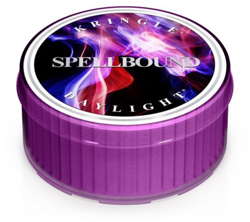 En lila rund burk med färgstarkt, eldsign på locket och orden 'Kringle's Spellbound' och 'Daylight' på.