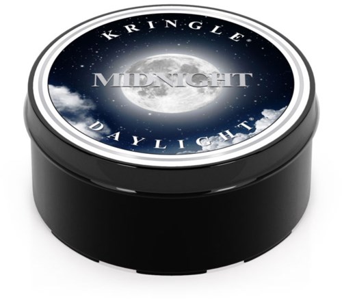 En rund behållare med en natthimmel med måne och moln, märkt 'Kringle Daylight' och 'Midnight'.