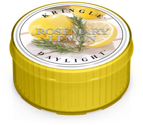 En gul rund förpackning med rosmarin och citron på locket. Text om en produkt med dagsljus finns på locket.