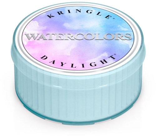 Rund behållare med en färgglad akvarelldesign på locket, märkt "Watercolors" och "Daylight" med varumärket "Kringle."
