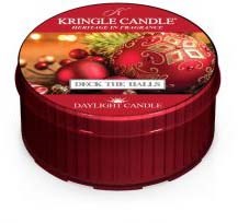 Red container with Christmas ornaments, some gold, some red, and a 