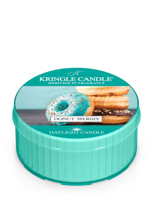 Ronde teal kaars in blik met donutgeur, met afbeelding van een donut en wafers op deksel.