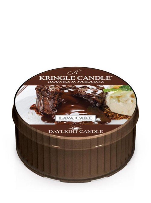 Ett ljus av typen lava cake i choklad, med bild av efterrätten och vaniljglass på etiketten.