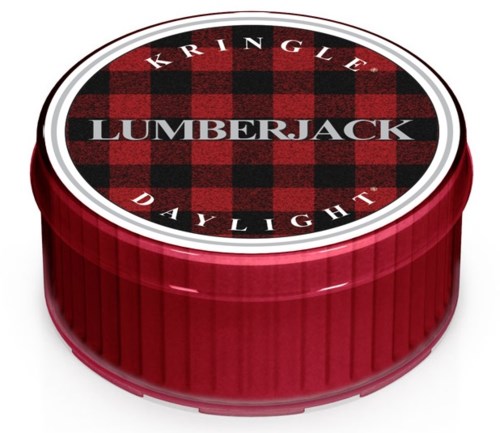 En röd rund behållare med en svart och röd rutmönstrad etikett som säger "Lumberjack" och "Kringla Daylight."