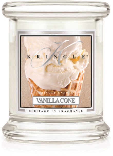 Ett doftljus med vanilj-konesmak i en klar glasbehållare, märkt 'KrinGle Vanilla Cone'.