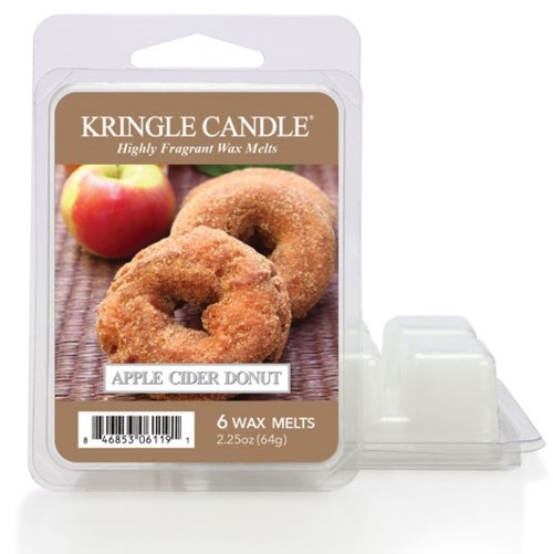 Förpackning med sex doftljus av äppelcider donut, formade som munkar, med äpple och donutbild.