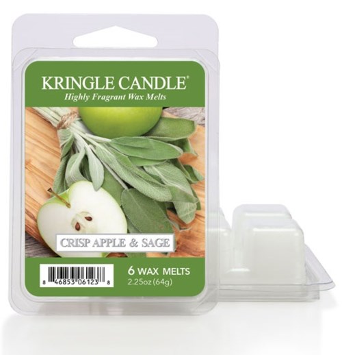 Ett paket med Kringle Candles vaxmelter med äpple och salvia doft, sex vaxmelter och en etikett som visar doften och vikten.