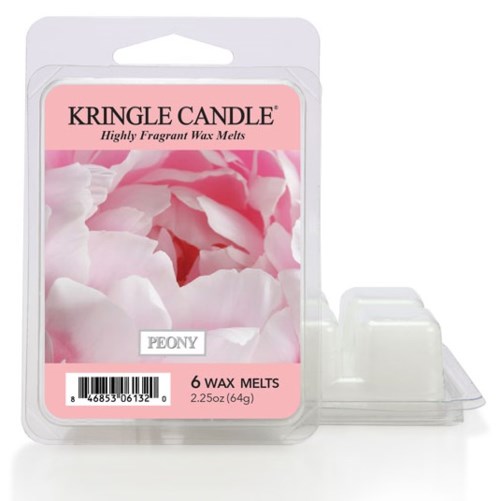 Förpackningen har en design med rosa och vita blomblad, märkt som peony doftande vaxmelter för ljus, 6 stycken inuti.