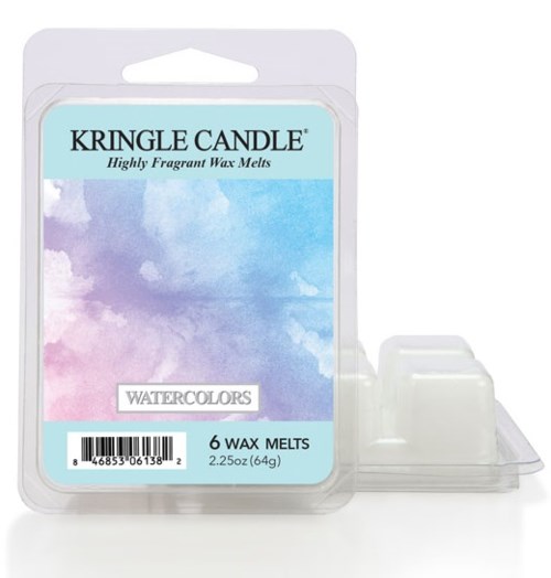 Opakowanie sześciu kolorowych wosków zapachowych, oznaczonych 'Watercolors' od Kringle Candle.