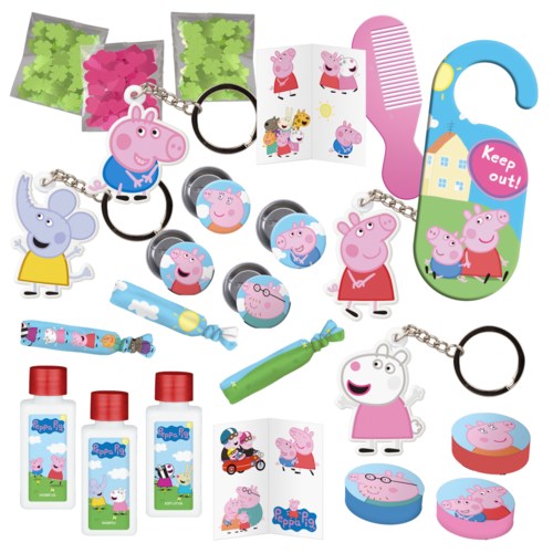 A collection of Peppa Pig-themed toys, keychains, stickers, and accessories with bright colors and character images.