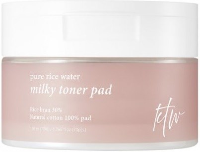 En rosa burk med vit text som säger "pure rice water milky toner pad" och information om ingredienser.