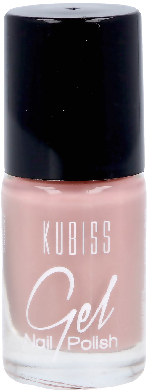 En liten rosa nagellackflaska med svart lock, märkt 'KUBISS Gel Nail Polish'.