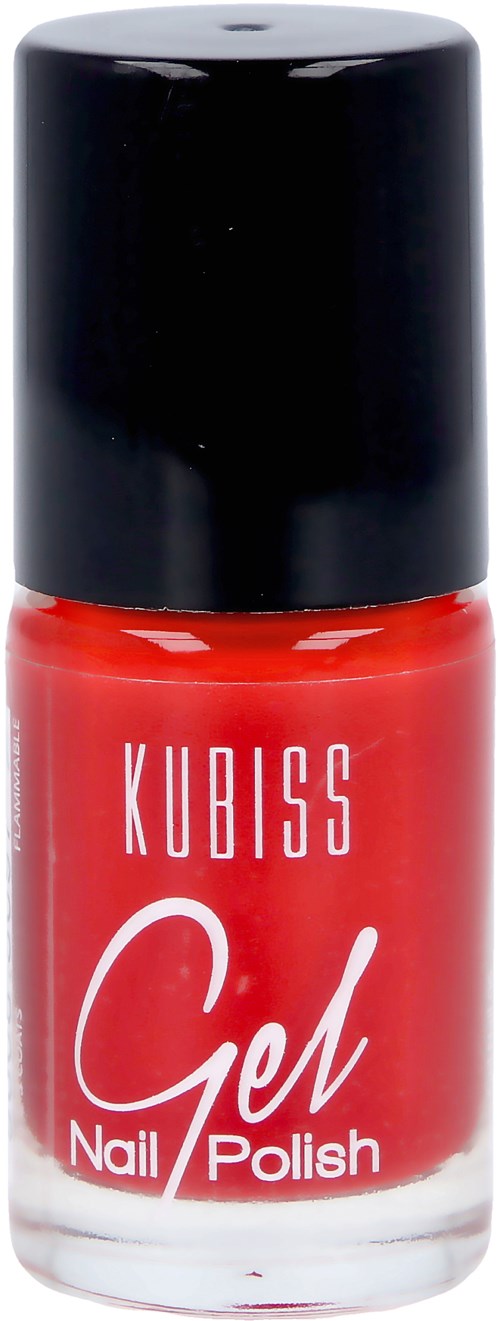 En röd flaska med gelnagellack med svart lock och vit text, där det står "KUBISS Gel Nail Polish."
