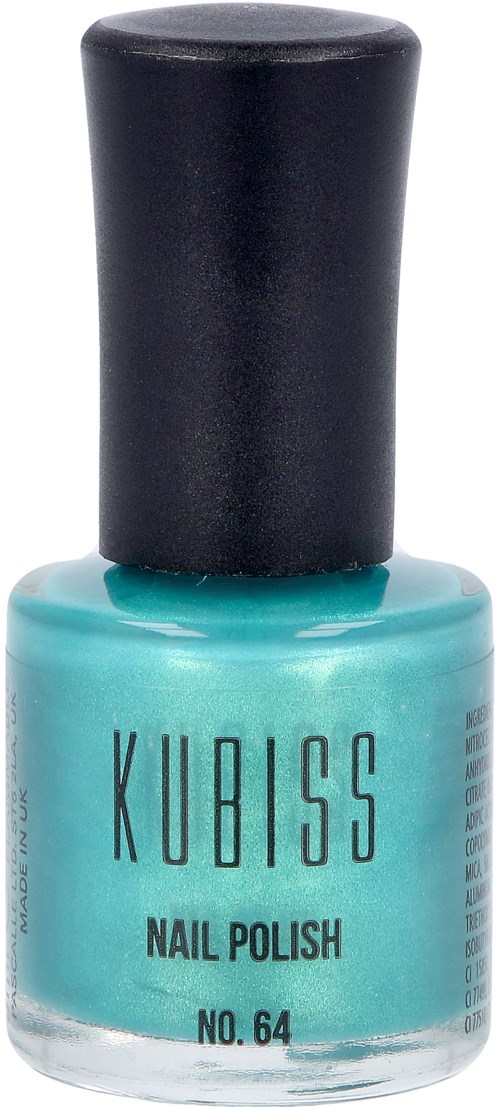 En flaska turkos nagellacksfärg med svart lock, märkt 'KUBISS' och 'Nail Polish No. 64'.