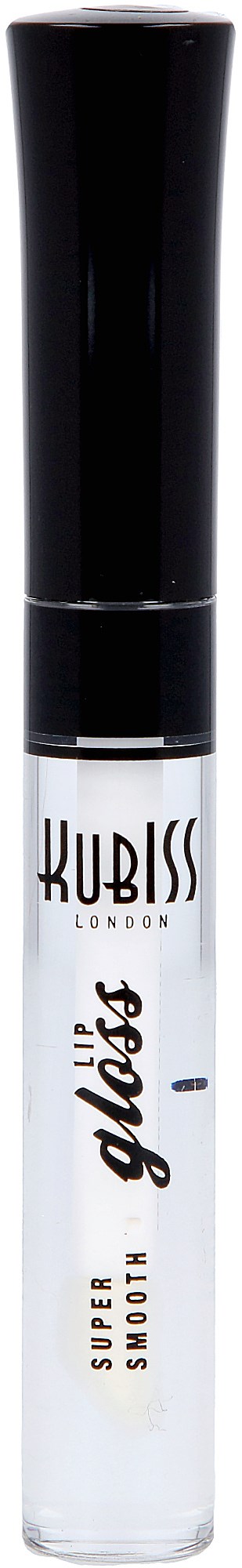En genomskinlig läppglansrör med svart lock, märkt "KUBISS LONDON" och "SUPER SMOOTH" på framsidan.