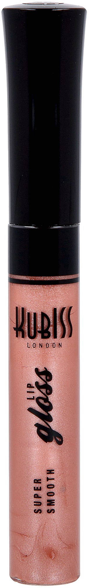 Ett läppglansrör med svart lock och rosa vätska inuti, märkt "KUBISS London" och "Super Smooth."