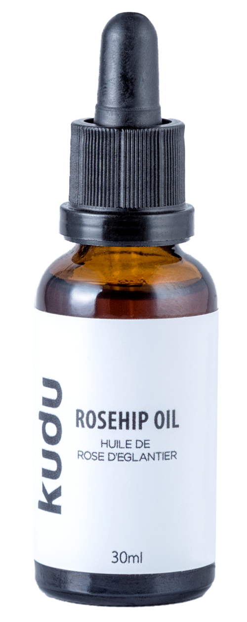 En liten brun flaske med svart pipetter, merket 'Kuuduu Rosehip Oil', 30ml.