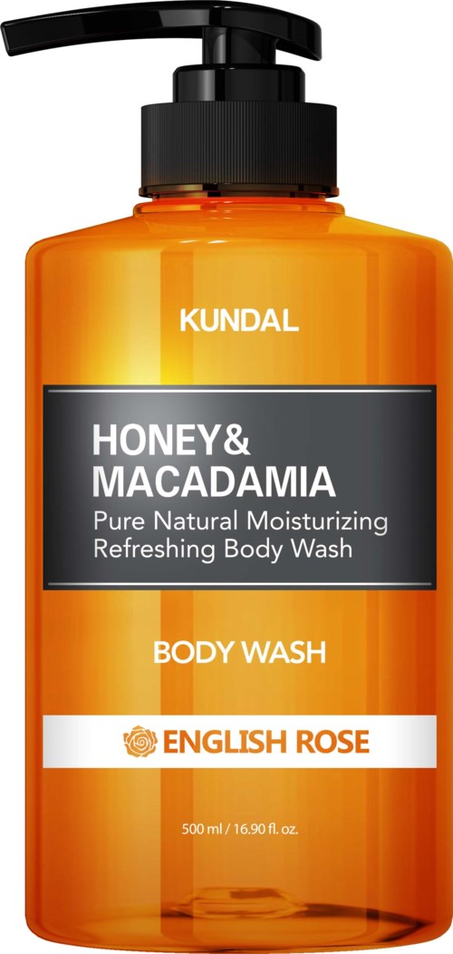 An orange body wash bottle with a black pump, labeled 'Honey & Macadamia' and 'English Rose,' 500 ml.