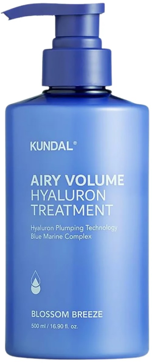 Blue bottle with a pump, labeled KUNDAL Airy Volume Hyaluronic Treatment, Blossom Breeze scent, 500 ml.