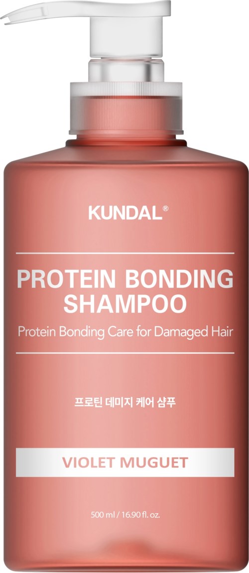 A pink bottle of protein bonding shampoo with a pump, labeled for damaged hair, scent is violet muguet.