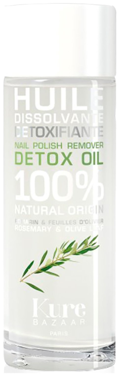 Een doorzichtige fles detoxolie met groene tekst en een rozemarijnillustratie.