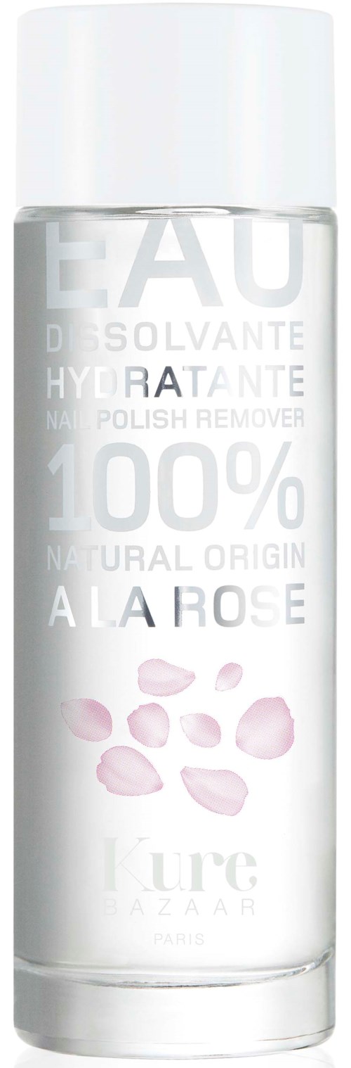 En klar flaska märkt som nagellacksborttagning med rosblad som design och vit kork.