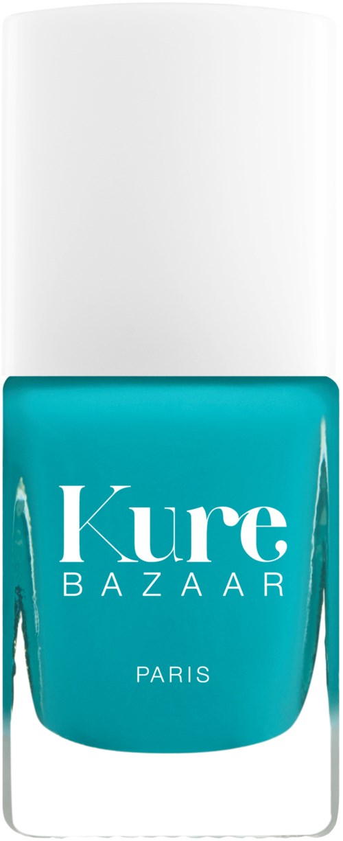 A bottle of turquoise nail polish labeled 'Kure BAZAAR PARIS' with a white cap.
