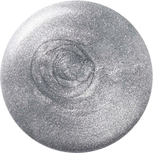Et rundt objekt med en skinnende, glitteraktig sølvoverflate og spiralmønster. Det ser ut som en dekorasjon eller ornament.